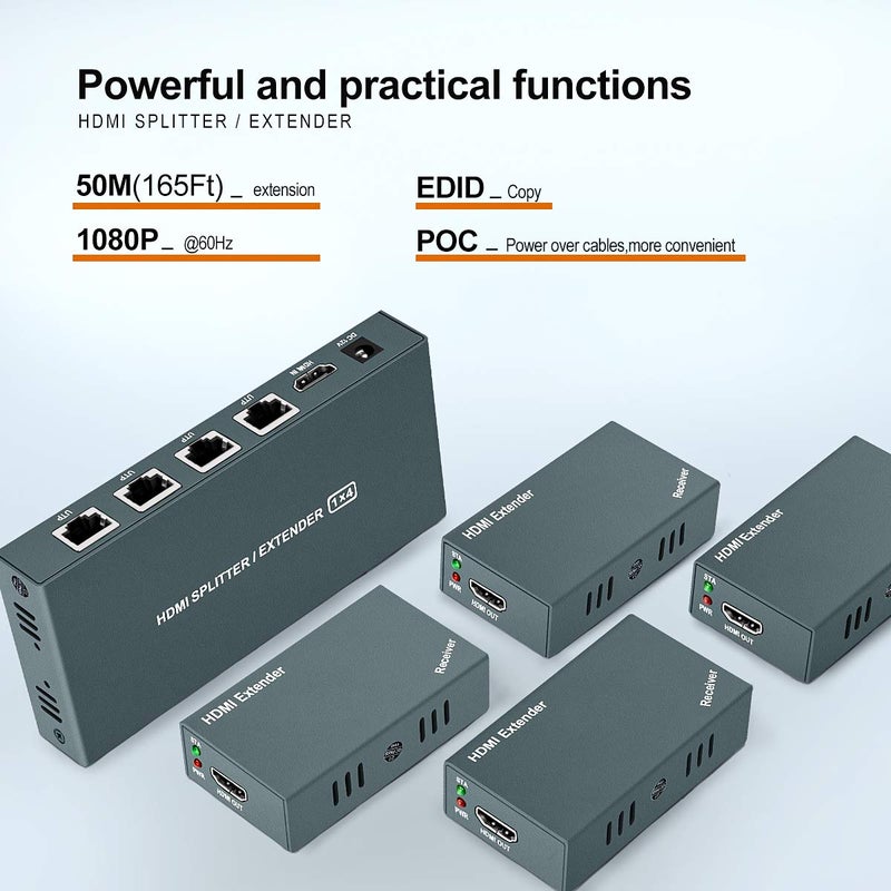 Steetek AAO HDMI Extender Splitter 1x4, 1080P@60Hz, Extending 165ft (50m) Length Transmission Over CAT5e/CAT6/CAT7 Cable, 4 Channel Transmission, 1 Power Adapter - Image 2